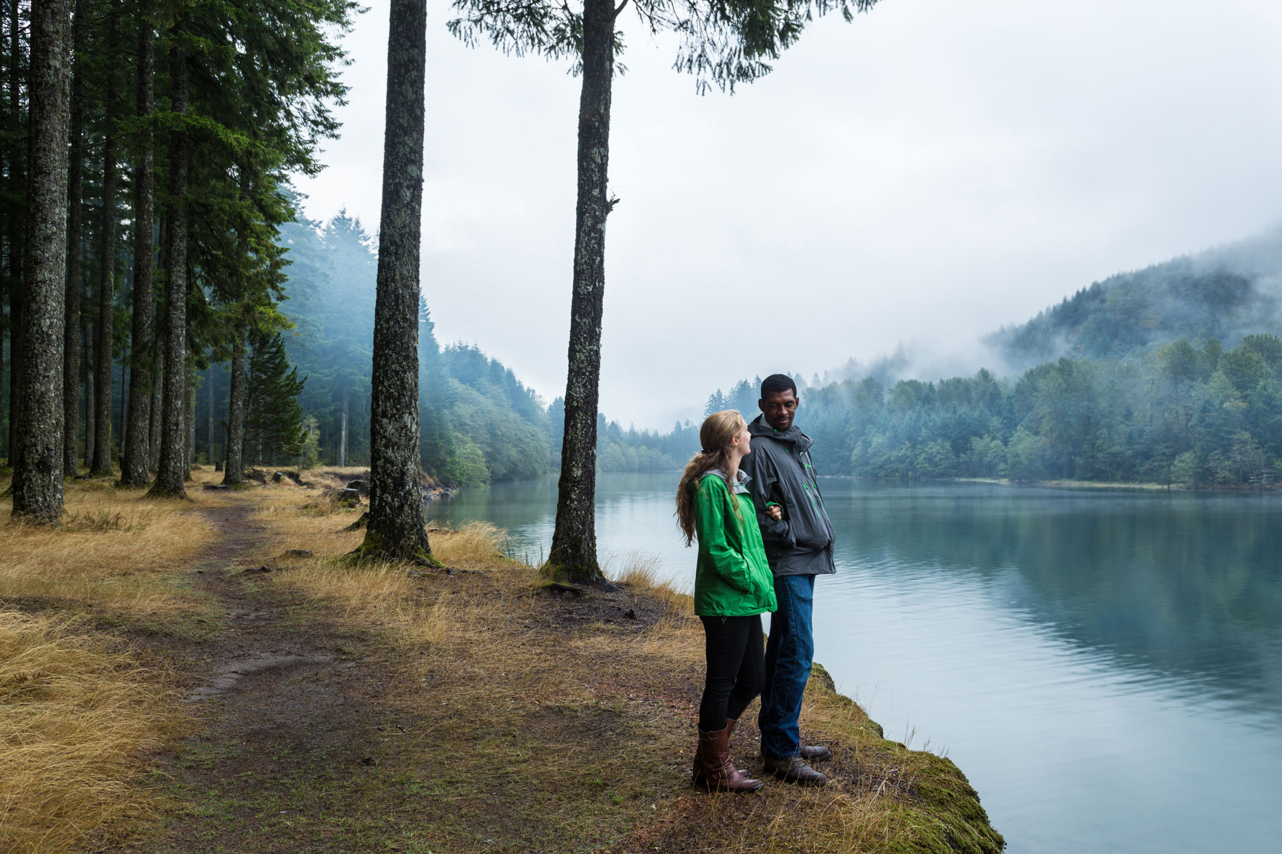 Misty lake couple